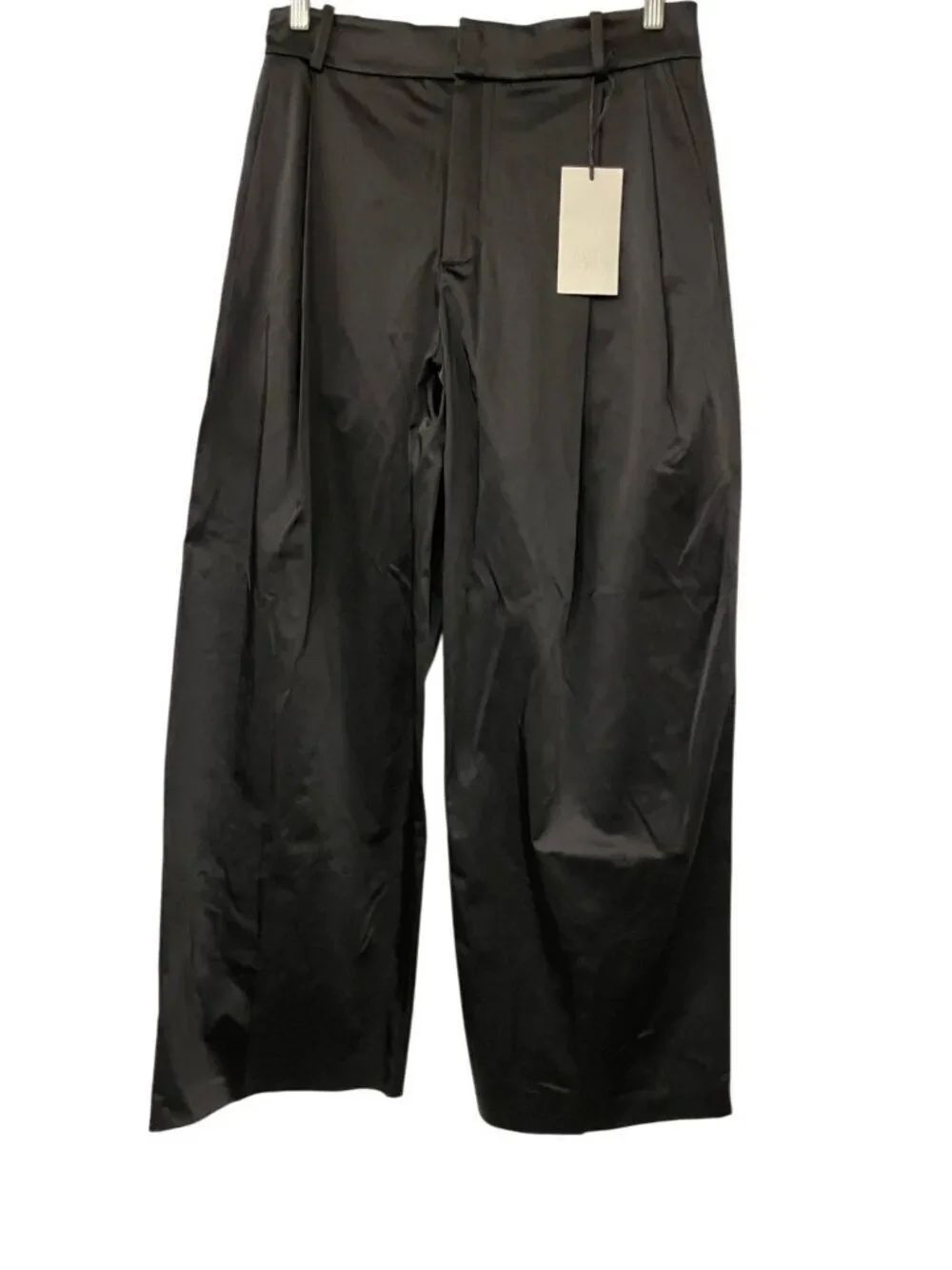 Zara Womens Satin Trousers Small Black Pleated Mid Rise Wide Leg 9213/242 NWT